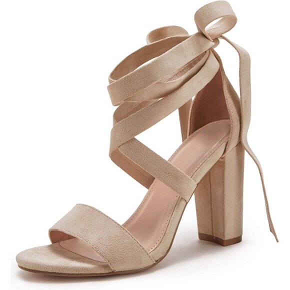 Women Cream Shoes Suede Strappy Heels Lace up High Heeled Sandals - Picture 1 of 7